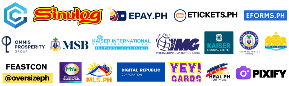 Logos of companies and projects Alexandra has worked with: Sinulog, EPAY.PH, ETICKETS.PH, EFORMS.PH, Omnis Prosperity Group, MSB, Kaiser International Healthgroup, IMG, Kaiser Medical Center, Manila Bankers Assurance, Anda White Beach, FEASTCON, @oversizeph, MYTV, MLS.PH, Digital Republic Corporation, YEY! Cards, HEAL PH Party-List, and Pixify